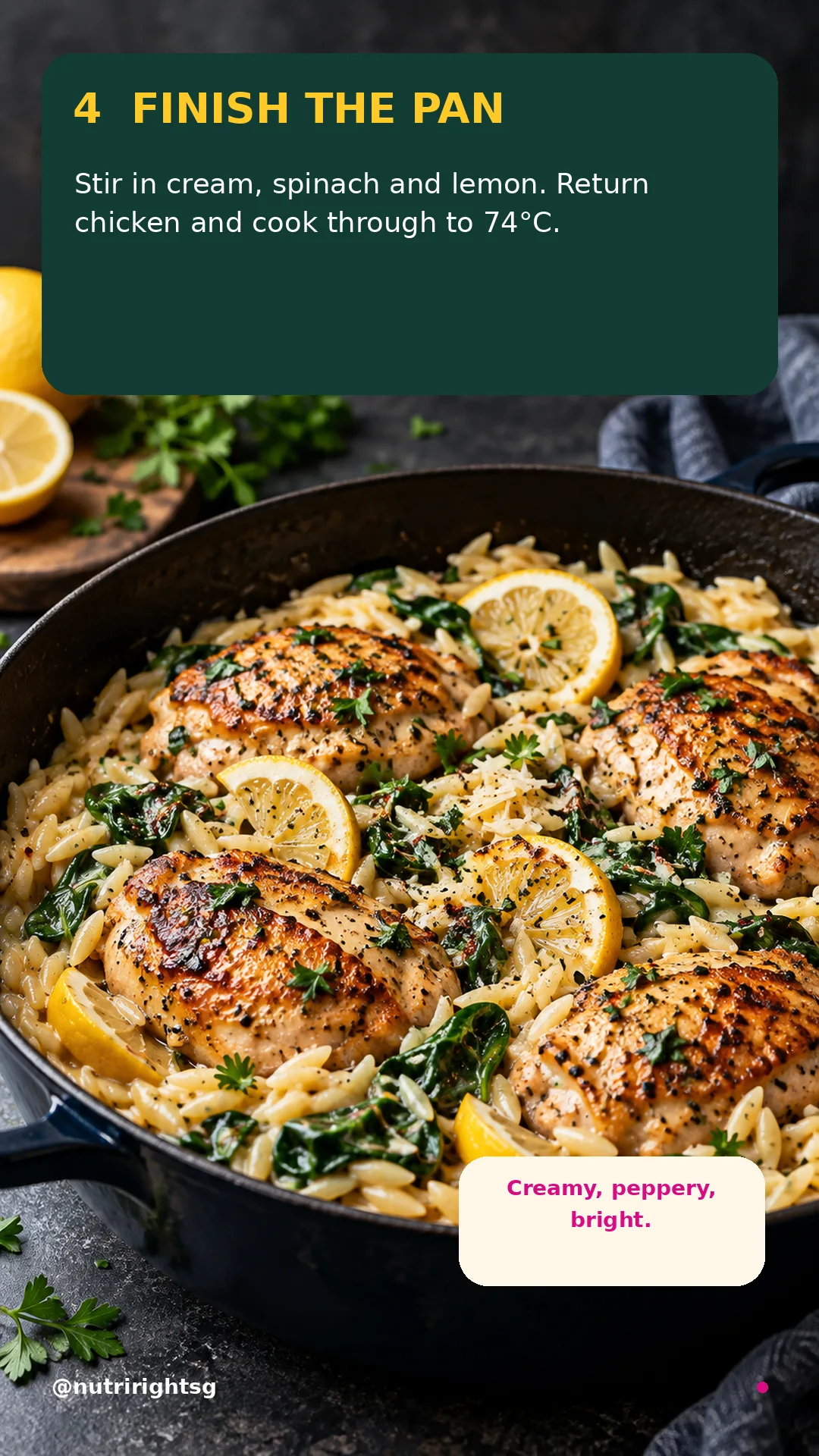 One-Pan Lemon-Pepper Chicken Orzo — finishing step (slide 6 of 7)