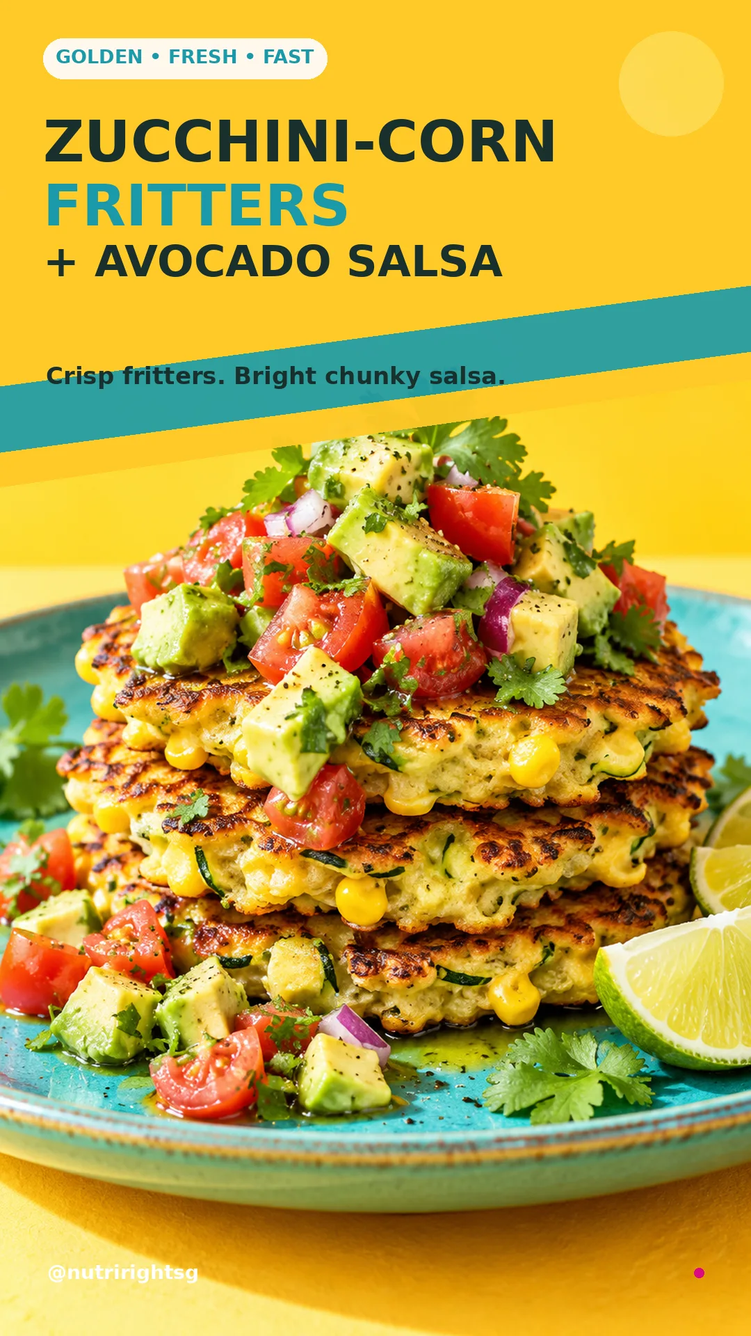 Zucchini-Corn Fritters + Avocado Salsa recipe cover