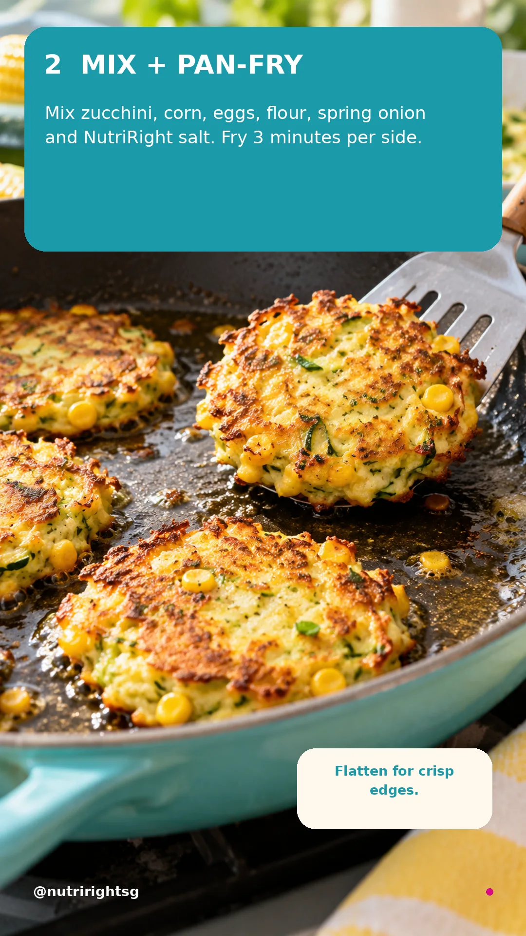 Zucchini-Corn Fritters + Avocado Salsa — cooking step (slide 4 of 7)