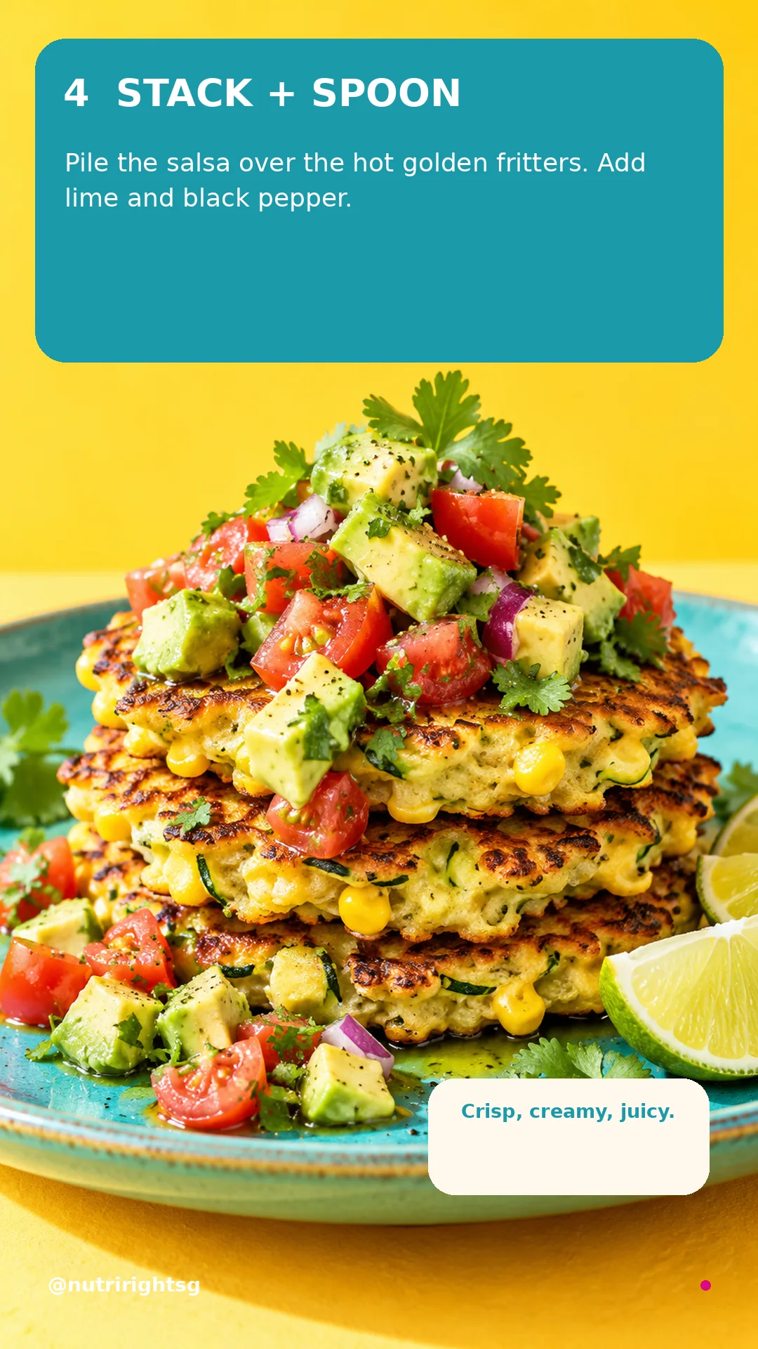 Zucchini-Corn Fritters + Avocado Salsa — finishing step (slide 6 of 7)