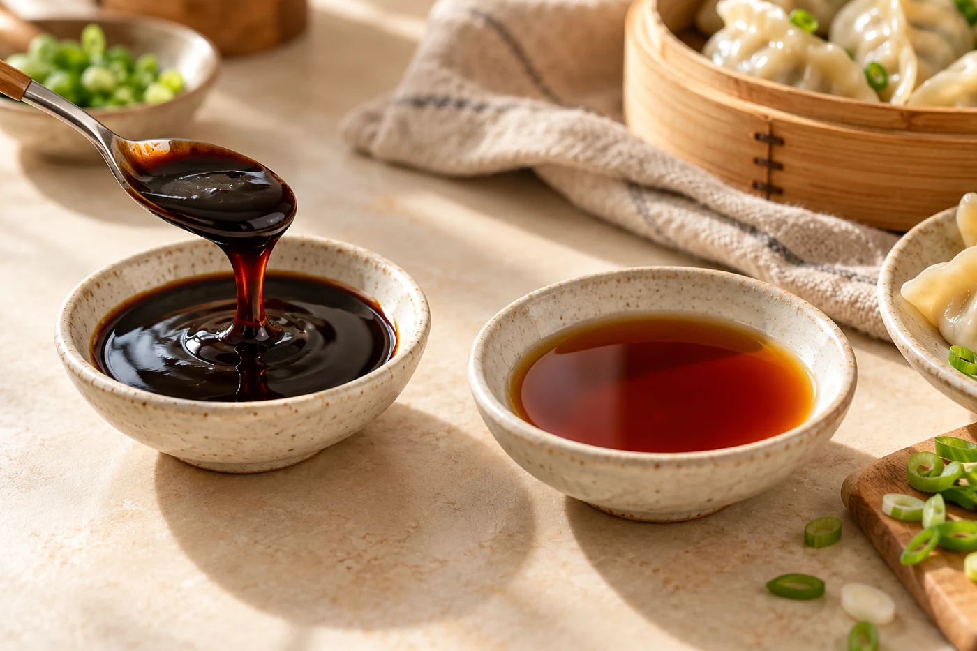 Serving illustration of sweet savoury and light soy sauce with dumplings